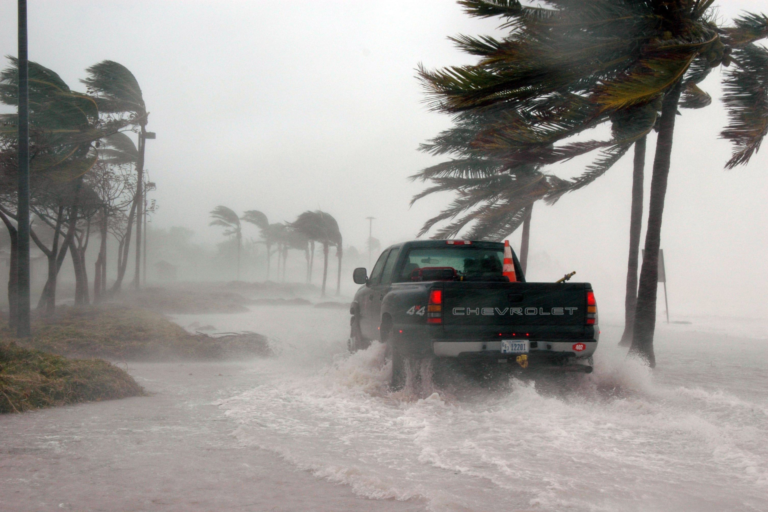 truck driving in a hurricane